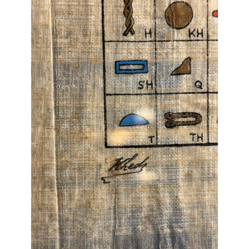Egyptian Papyrus Hieroglyphic Alphabet Framed Art Signed Khedr Gold Frame Blue - Picture 3 of 3